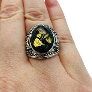 Vintage Sterling Silver Gold Flake Faceted Dome  Ring Sz. 6.75 Designer Signed
